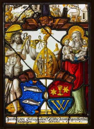 Glasmalerei: Wappenscheibe des Jakob Walkmeister (Walchmeister), Abt im Benediktinerkloster Fischingen (1594–1598) mit der Darstellung der Anna selbdritt (hl. Anna, Maria und Jesus Christus), vermutlich gestiftet in die Kartause Ittingen